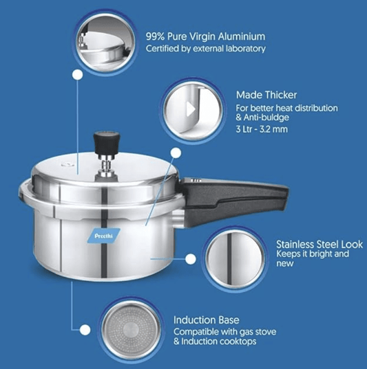Preethi Induction Base Aluminium Outer Lid Pressure Cooker, 3 Litres