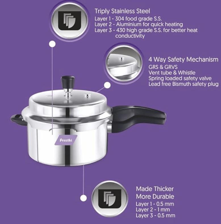 Preethi Triply Outer Lid Pressure Cooker Induction Base, 2.5 Litres