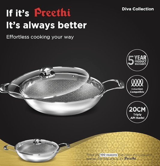 Preethi Diva Collection Triply Stainless Steel Kadai with API Technology, 20 cm, Gas & Induction Compatible, with Glass Lid, Metal Spatula Friendly with 5 Year Product Warranty