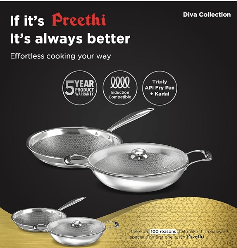 Preethi Diva Collection Triply Stainless Steel Set with API Technology, 26 cm Kadai, 26 cm Fry Pan, Gas & Induction Compatible,with Glass Lid, Metal Spatula Friendly with 5 Year Product Warranty