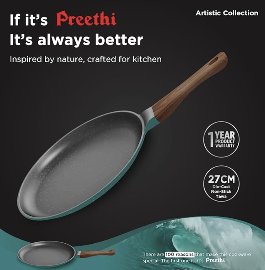 Preethi Artistic Collection Die Cast Non Stick Tawa, 27 cm, 5 Star Non Stick Effect, Cook & Serve, Ocean Green