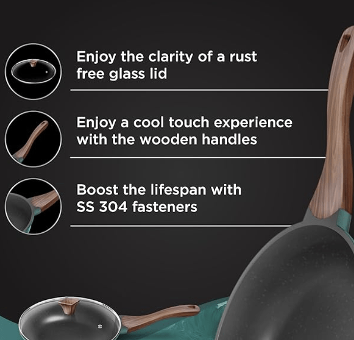 Preethi Artistic Collection Die Cast Non Stick Fry Pan, 24 cm,with Glass Lid, 5 Star Non Stick Effect, Cook & Serve, Ocean Green