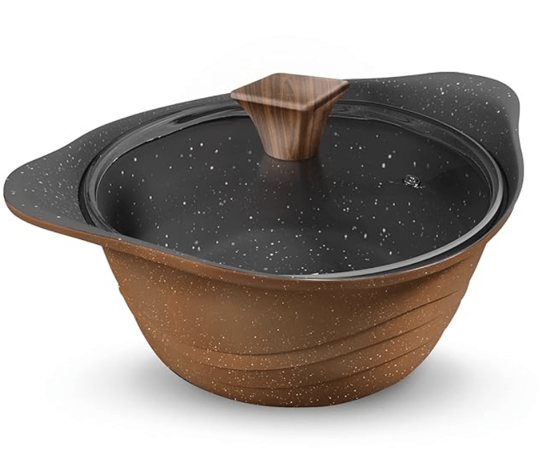 Preethi Artistic Collection Die Cast Non Stick Kadai, 24 cm,with Glass Lid, 5 Star Non Stick Effect, Cook & Serve, Earthy Brown