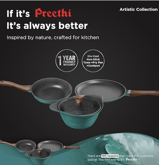 Preethi Artistic Collection Die Cast Non Stick Set, 27 cm Tawa, 24 cm Fry Pan, Kadai 24 cm with Glass Lid, 5 Star Non Stick Effect, Cook & Serve, Ocean Green