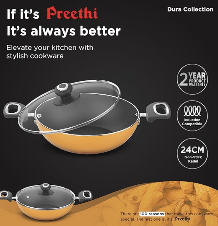 Preethi Dura Collection Non Stick Kadai, 24 cm, with Glass Lid, Gas & Induction Compatible, 5 Star Non Stick Effect, Turmeric Yellow