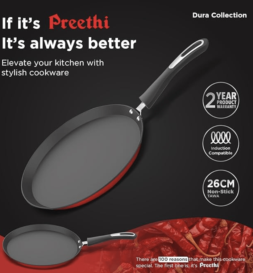 Preethi Dura Collection Non Stick Tawa, 28 cm, Gas & Induction Compatible, 5 Star Non Stick Effect, Chilly Red