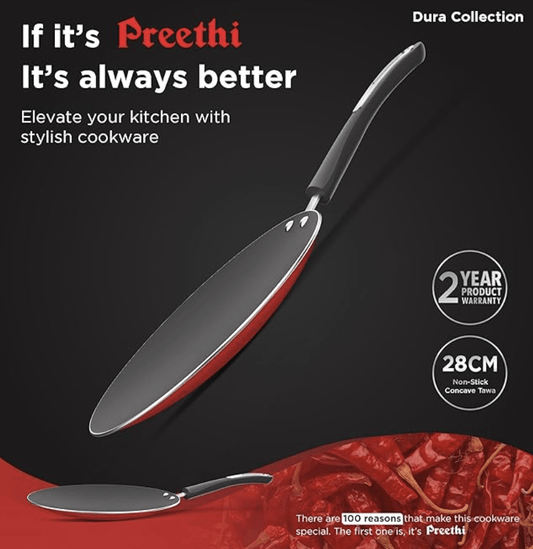 Preethi Dura Collectiona Non Stick Concave Tawa, 28 cm, Gas & Induction Compatible, 5 Star Non Stick Effect, Chilly Red