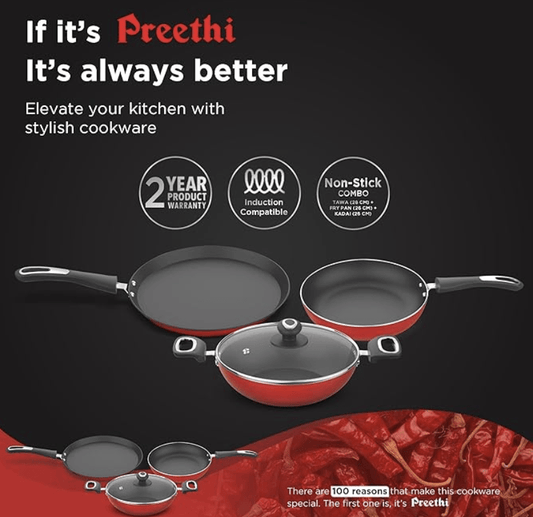 Preethi Dura Collection Non Stick Set, 28 cm Tawa, 26 cm Frying Pan, 26 cm Kadai, with Glass Lid, Gas & Induction Compatible, 5 Star Non Stick Effect, Chilly Red