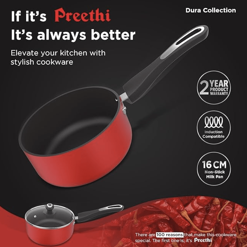 Preethi Dura Collection Non Stick Milk Pan, 16 cm, with Glass Lid, Gas & Induction Compatible, 5 Star Non Stick Effect, Chilly Red