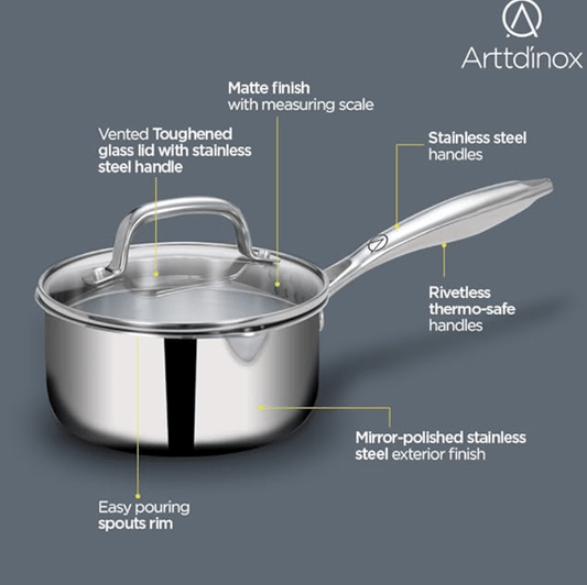 ARTTDINOX Stellar Stainless Steel Triply Saucepan with Glass Lid | 16 cm | 1.5 LTR | Rivetless Handle | Gas & Induction Base | Jindal Stainless