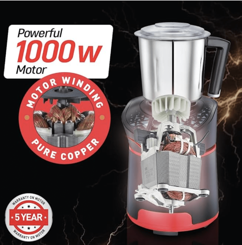 Prestige Hercules 1000W Mixer Grinder with 3 Stainless Steel jars & 1 Juicer jar|Flow-Breaker Design|Sturdy Handles|4 Super Efficient Blades|Black & Red