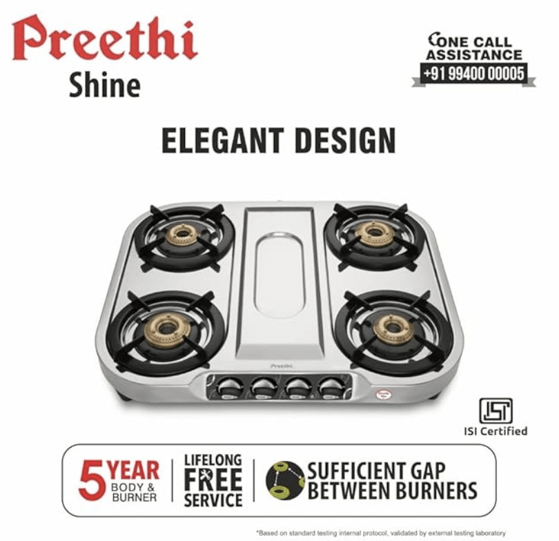Preethi Shine Stainless Steel Gas Stove 4 Burners I Manual Ignition I ISI Certified I 2 Year Warranty