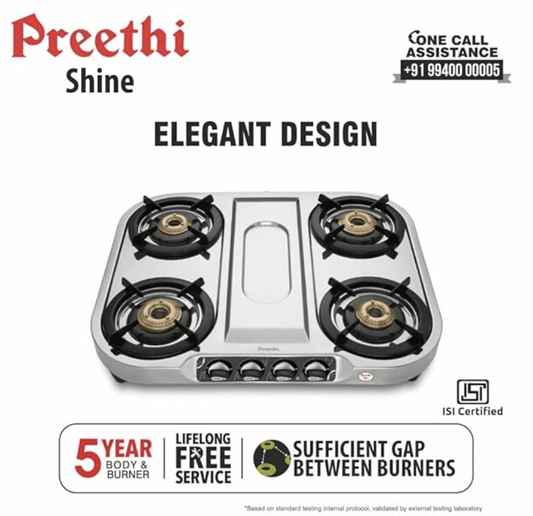 Preethi Shine Stainless Steel Gas Stove 4 Burners I Manual Ignition I ISI Certified I 2 Year Warranty