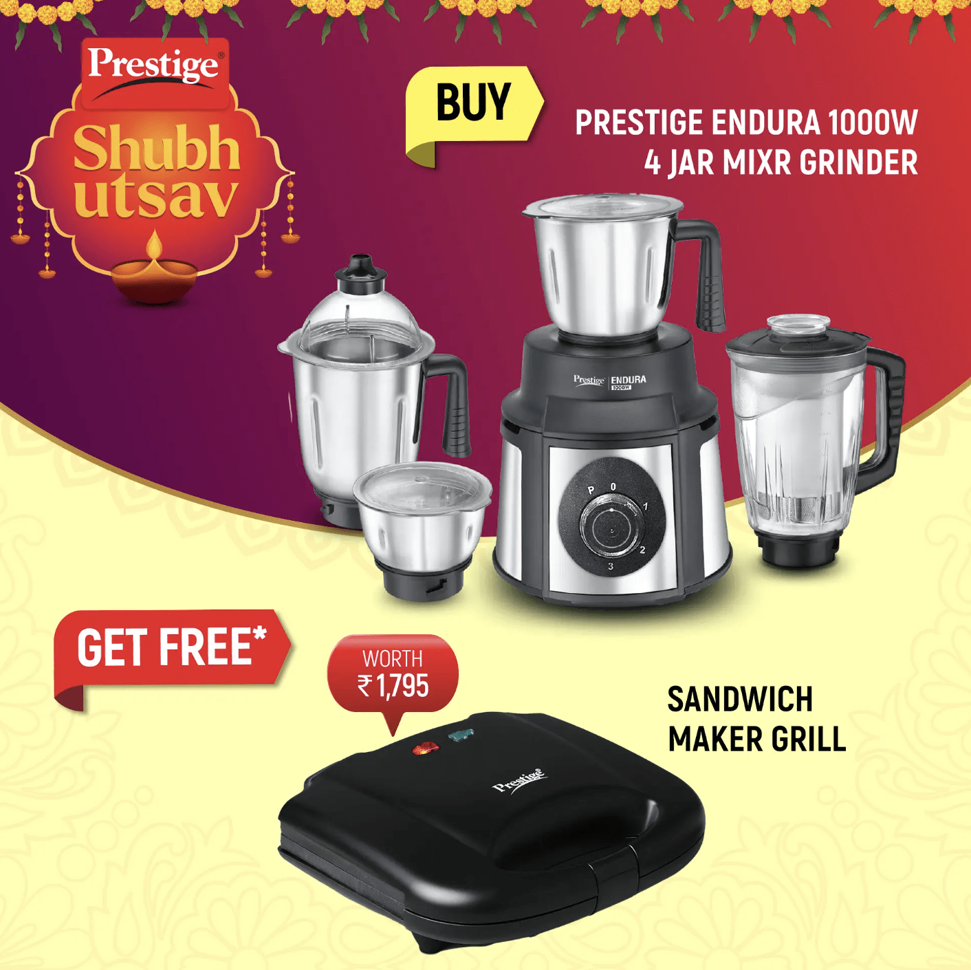 Prestige Endura 1000W Mixer Grinder - 4 Jars, Black & Silver and Sandwich Toasters With fixed Grill Plate, PGMFB