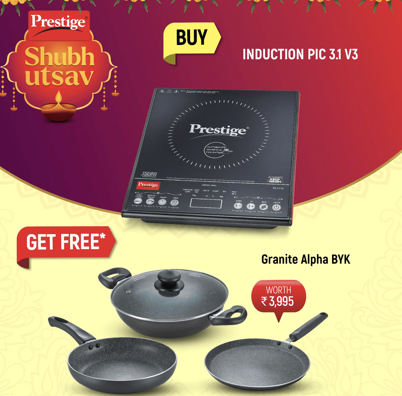 Prestige PIC V3 2000 Watts Indian Menu Options Induction Cooktop and  Omega Deluxe Granite Alpha Aluminium Non-Stick Build Your Kitchen Set