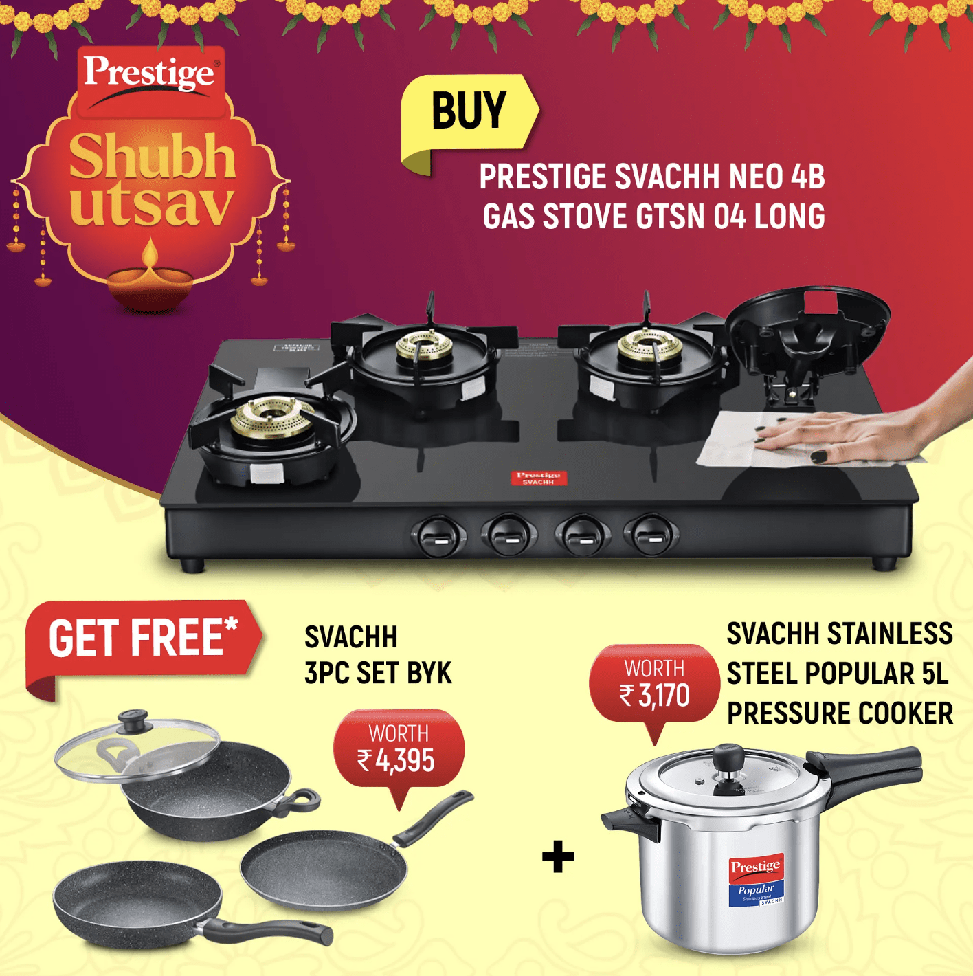 Prestige Svachh Neo Toughened Glasstop Gas Stove - GTSN 04 L, Svachh Granite Non-Stick 3-Piece Set Cookware and Popular Svachh Spillage Control Stainless Steel Pressure Cooker, 5 L (Silver)