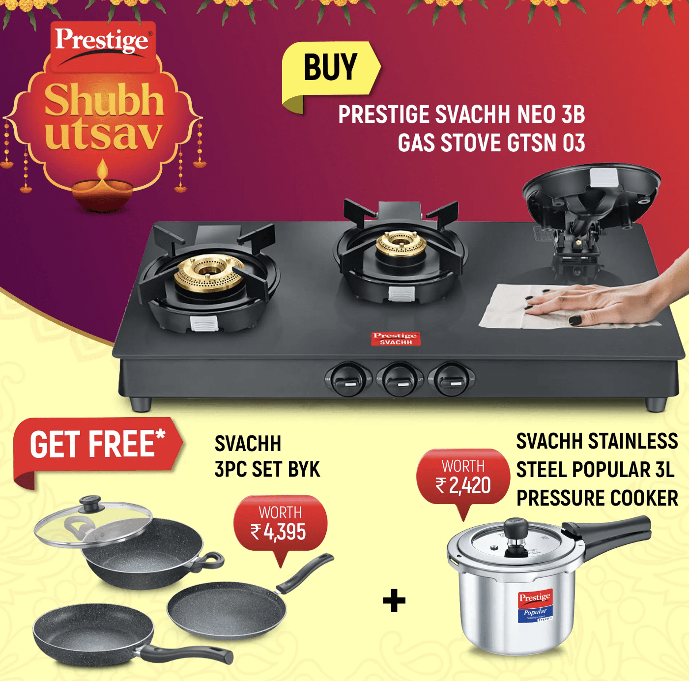 Prestige Svachh Neo Toughened Glasstop Gas Stove - GTSN 03, Svachh Granite Non-Stick 3-Piece Set Cookware and Popular Svachh Spillage Control Stainless Steel Pressure Cooker, 3 L