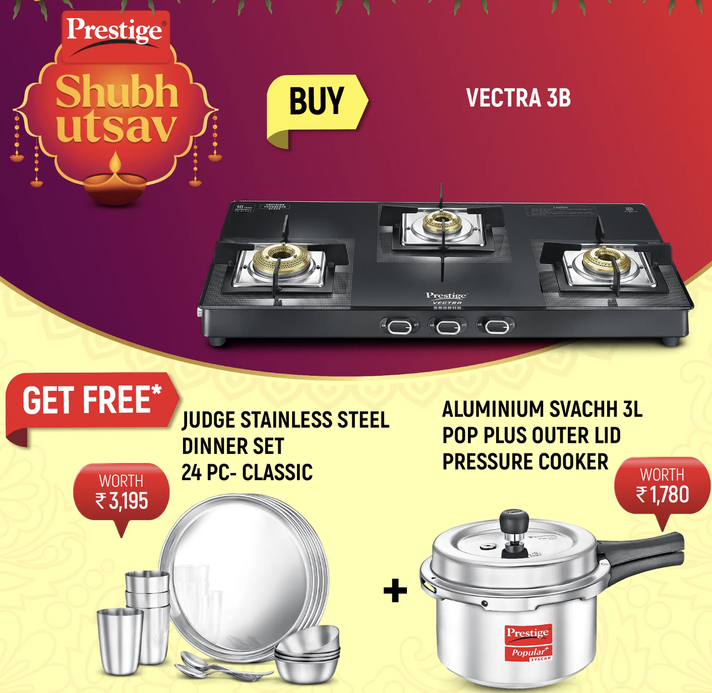 Prestige Vectra 3 Burner Glasstop Gas Stove with Judge by Prestige Classic Stainless Steel Dinner Set Set of 24 Pieces and Prestige Popular Plus Svachh Virgin Aluminium Spillage Control Pressure Cooker 3 L (Silver)