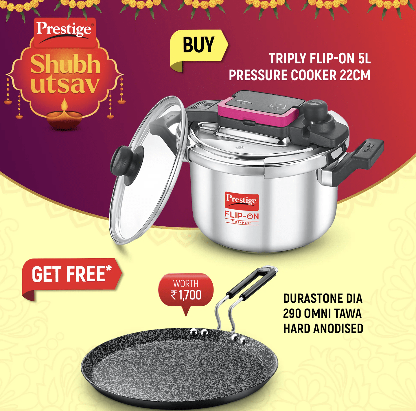 PRESTIGE FLIP-ON TRI-PLY STAINLESS STEEL PRESSURE COOKER 5 L 220m WITH GLASS LID and Durastone Hard Anodised 6 Layer Non-Stick Omni Tawa, 29 cm (Black)
