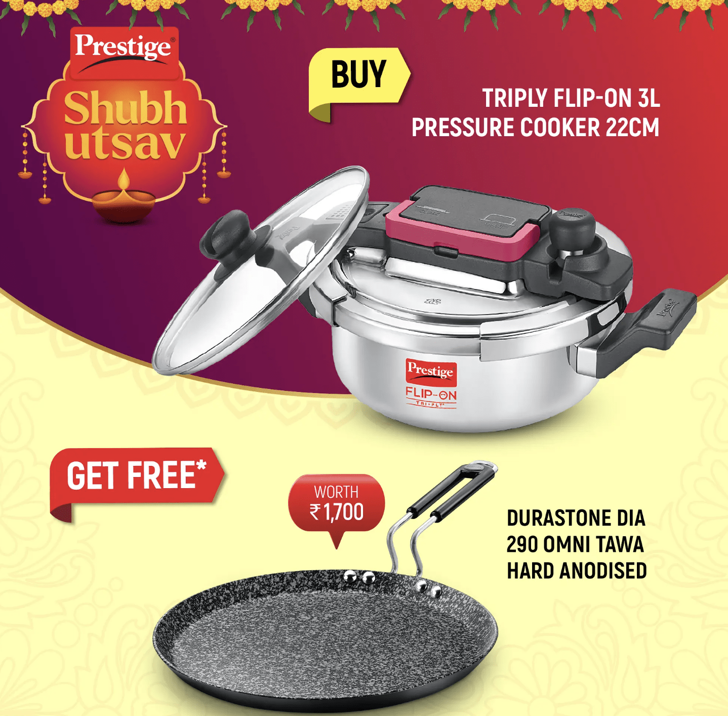 PRESTIGE FLIP-ON TRI-PLY STAINLESS STEEL PRESSURE COOKER 3 L WITH GLASS LID and Durastone Hard Anodised 6 Layer Non-Stick Omni Tawa, 29 cm (Black)