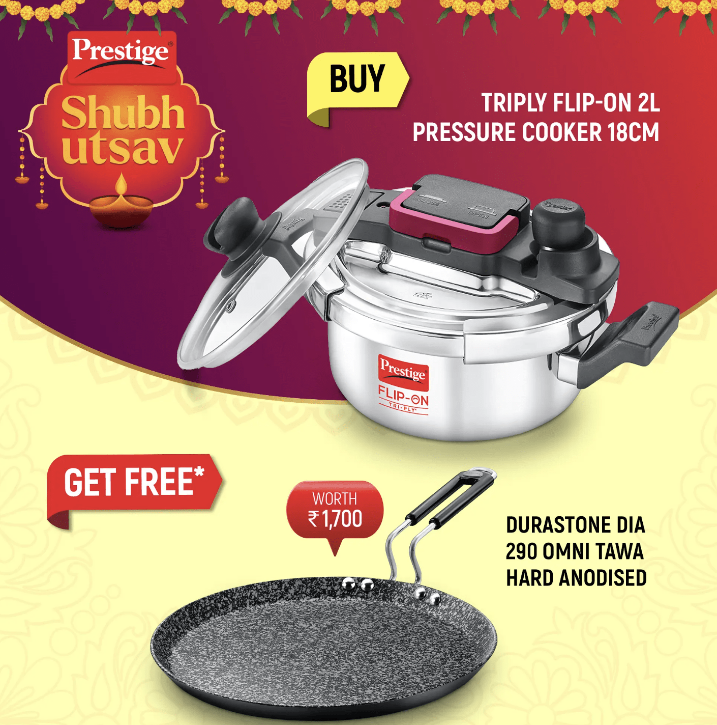 PRESTIGE FLIP-ON TRI-PLY STAINLESS STEEL PRESSURE COOKER 2 L 180m WITH GLASS LID and Durastone Hard Anodised 6 Layer Non-Stick Omni Tawa, 29 cm (Black)
