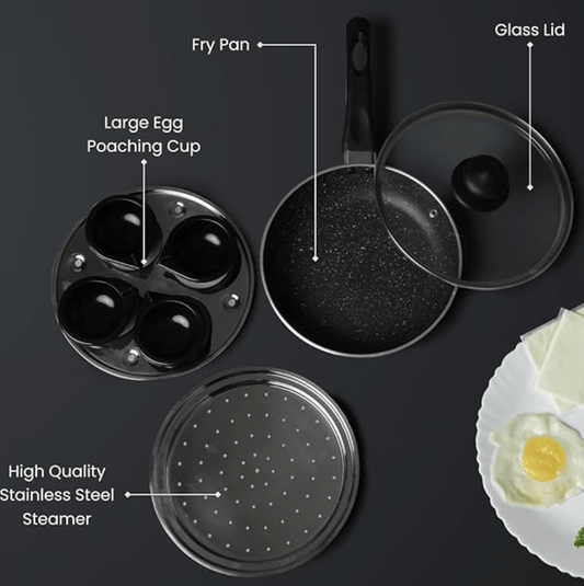 Prestige Omega Deluxe Granite Multi-Pan Cookware 20 Cm With Egg Poacher 1 U, Steamer 1 U, With Glass Lid(Black and Silver)