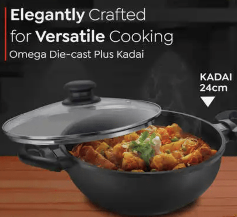 Prestige Omega Die-Cast Plus Aluminium Non-Stick Kadai 24 Cm with Glass Lid
