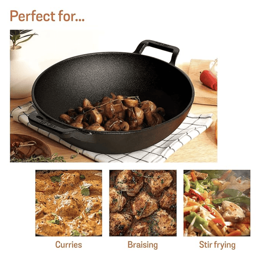 Meyer Pre Seasoned Cast Iron Kadai|Iron Kadhai with Lid for Cooking and Stir Frying | Heavy Base Iron Kadai Big Size | Gas Stove and Induction Friendly 30cm/ 4.5 Liters, Black