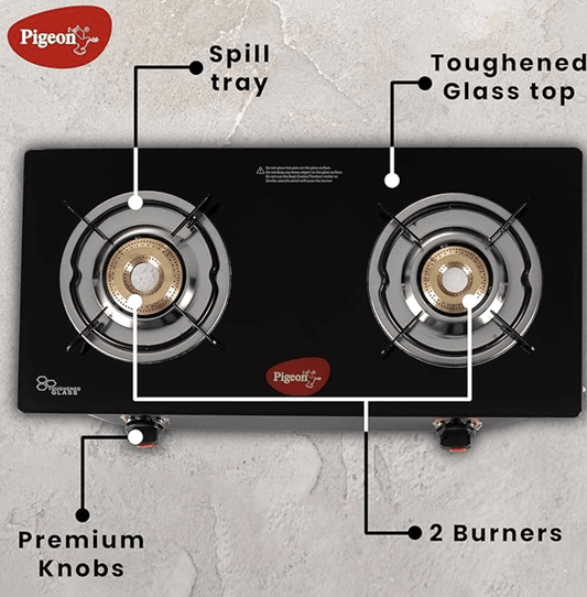 Pigeon Aster Gas Stove 2 Burner with High Powered Brass Burner, Gas Cooktop with Glass Top and Powder Coated Body, black, standard (14266)