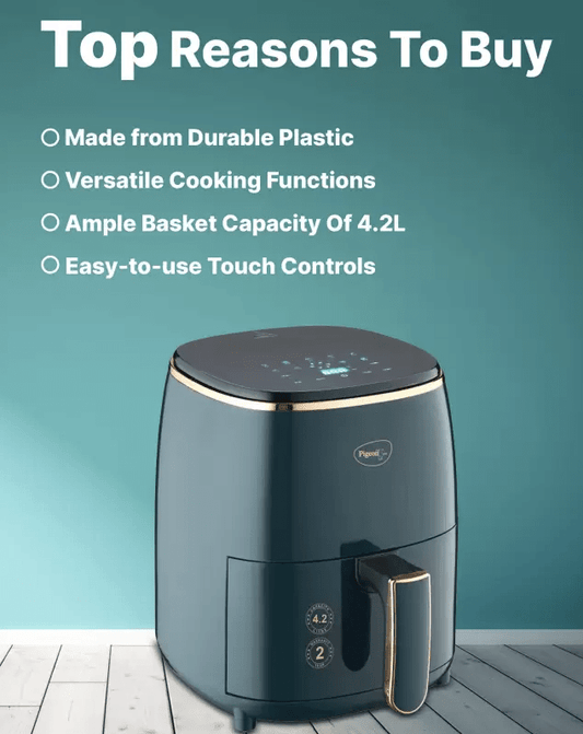 पिजन हेल्थीफ्राई डिजिटल 360 हाई स्पीड एयर सर्कुलेशन टेक्नोलॉजी 1200 W नॉन-स्टिक बास्केट के साथ - ग्रीन एयर फ्रायर (4.2 लीटर)