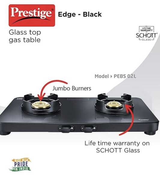 Prestige Edge Schott Glass-Top 2 Brass Burner Gas Stove | Black Ultra-Slim Body | Jumbo Burner | Pan Support With Flame Protection Guard