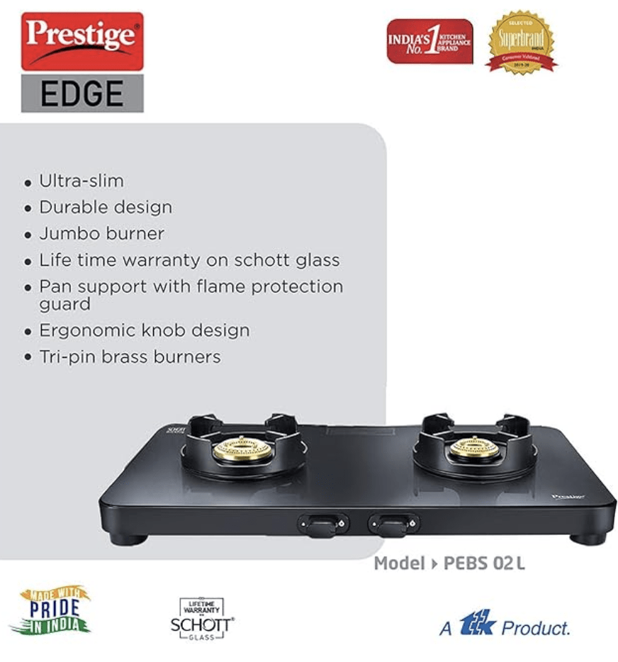 Prestige Edge Schott Glass-Top 2 Brass Burner Gas Stove | Black Ultra-Slim Body | Jumbo Burner | Pan Support With Flame Protection Guard