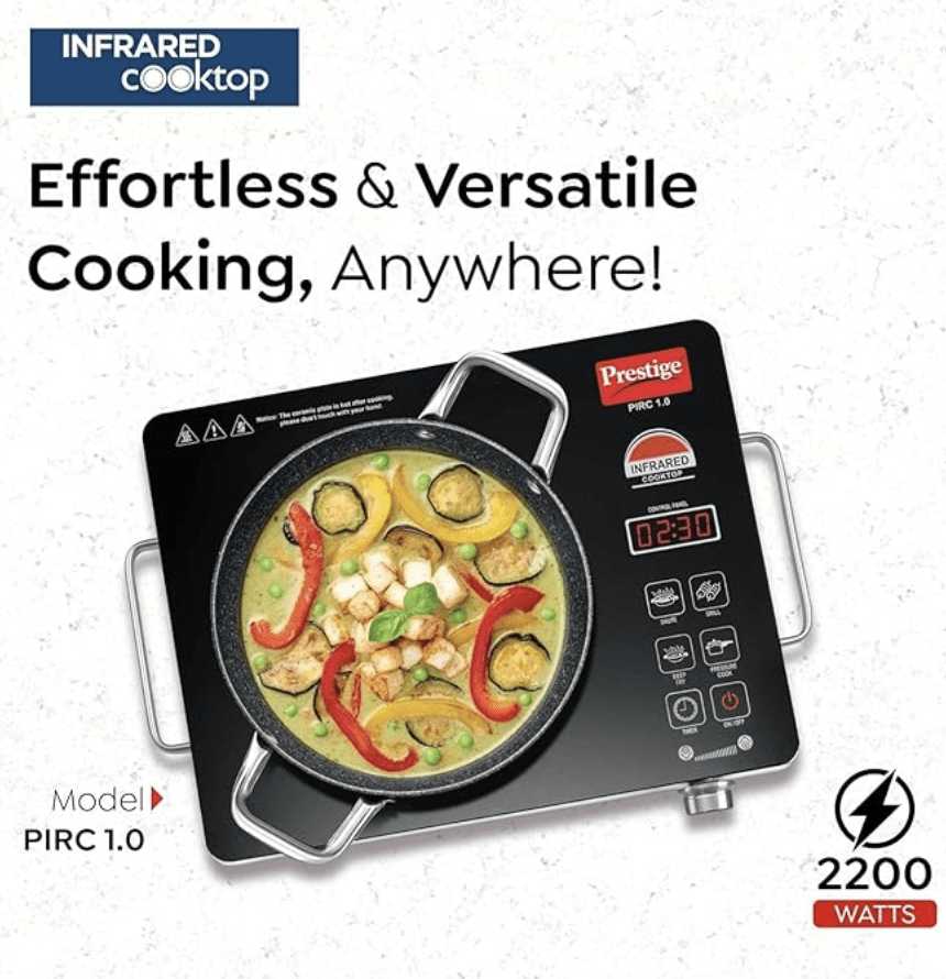 प्रेस्टीज इन्फ्रारेड कुकटॉप PIRC 1.0 | 2200W, स्टेनलेस स्टील और सिरेमिक | एडजस्टेबल तापमान नियंत्रण | कूल टच हैंडल | 1 साल की वारंटी | काला