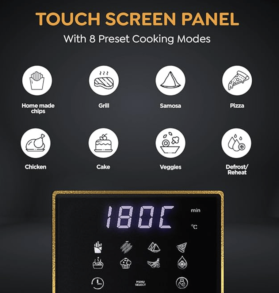 Prestige Nutrifry Electric Digital Air Fryer| 80% less Oil Consumption|4.5L Capacity |1200 Watts Power|Fry,Grill,Roast,Bake,Reheat|Digital Display with 8 Preset Menu|Easy to Clean Frying Basket|Black