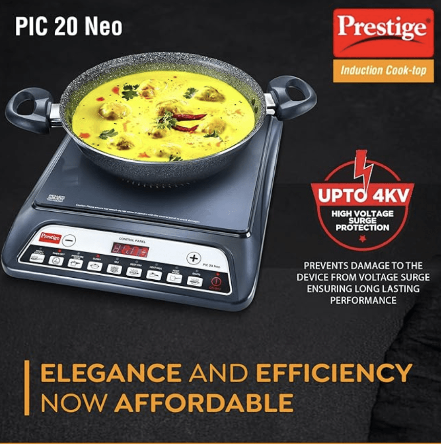 प्रेस्टीज पिक 20 नियो इंडक्शन कुकटॉप 1600W|भारतीय मेनू विकल्प| स्वचालित वोल्टेज रेगुलेटर| उपयोगकर्ता प्री-सेट के साथ टाइमर, मैनुअल, काला
