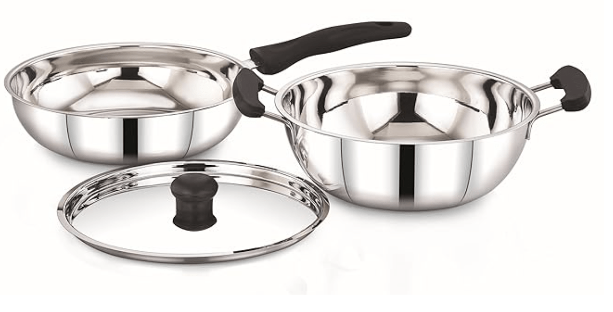 Sowbaghya Elite 3Pcs Stainless Steel Set | Induction Base | Cookware Set | SS deep kadai and Fry pan with Lid