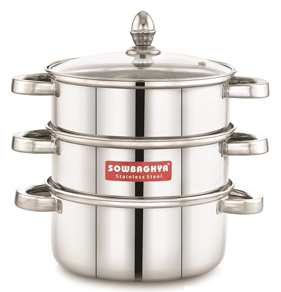 Sowbaghya Stainless Steel 3 Tier Induction Bottom Steamer/Modak/Momo Maker with Glass Lid | Heavy Guage | Double-riveted stainless steel handles
