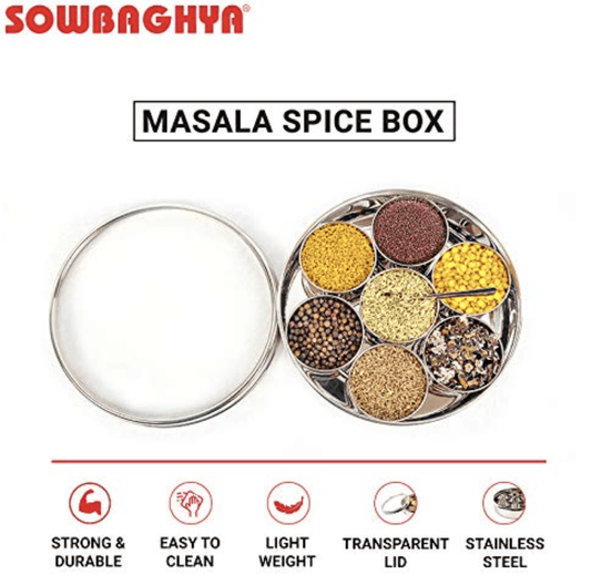 Sowbaghya Stainless Steel Masala (Spice) Box/ Dabba/ Organiser / Anjarai Petti with 7 Containers and Spoon (Small | 17 cm dia) | Stainless Steel Spice Box Masala Dabba Dani Anjarai Petti for Kitchen Storage Organiser.