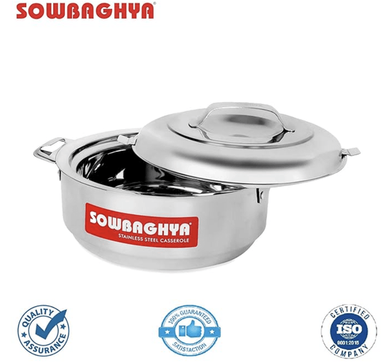 SOWBAGHYA स्टेनलेस स्टील सॉलिड कैसरोल - 5000 मिली, सिल्वर सिल्वर स्टेनलेस स्टील सॉलिड कैसरोल | भोजन के लिए हॉट पॉट चपाती करी रोटी | डिशवॉशर सुरक्षित