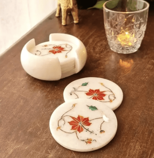 White Marble Coaster Set with Red Inlay Set of 6