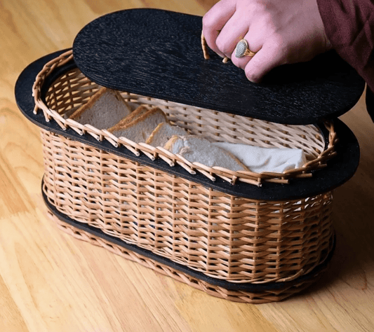 Wicker & Wood Storage Box With Lid & Bread Box Combo | Handcrafted in Kashmir