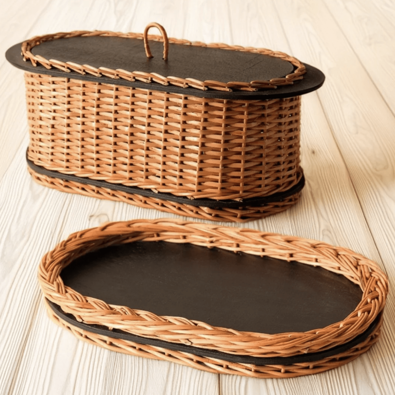 Wicker & Wood Bread Box & Serving Tray Combo | Handcrafted in Kashmir