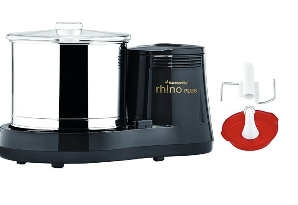 Butterfly Rhino Plus 2 Litres Table-Top Wet Grinder | 150 Watts | Shockproof ABS Body | Coconut Scrapper Attachment | Dough Kneader | Stainless Steel Drum | 2 Years Manufacturer's Warranty | Grey