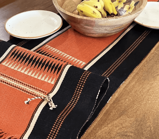 Table Runner In Rust & Black With Tangerine Striped | Eco Friendly Sustainable Embroidered Tableware | Handmade In India