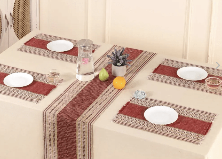 Handmade Dining Table Mats and Table Runner in Maroon (Set of 6/4) | Eco Friendly Tableware Sustainably Handwoven from Natural Grass