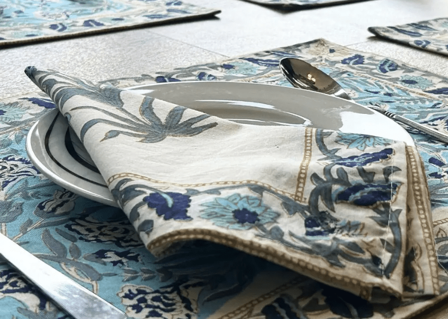 Handmade Dining Table Mats & Napkins in White & Floral (Set of 6) | Eco Friendly Tableware Sustainably Handwoven in Pure Cotton