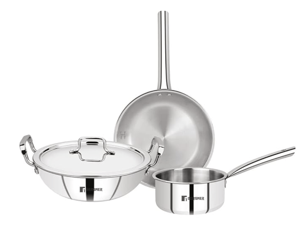 Bergner Tripro Triply Stainless Steel 4 Pc Cookware Set, 24 cm Indian Wok/Kadai with Lid, 22 cm Frypan, 16 cm Tea Pan, Even and Fast Heating, Induction Bottom, Gas Ready, Silver