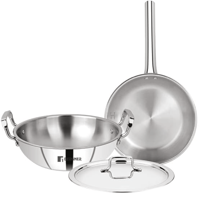 Bergner Tripro Triply Stainless Steel 3 Pc Cookware Set, 24 cm Indian Wok/Kadai with Lid, 22 cm Frypan Without Lid, Fast and Event Heating, Induction Bottom, Gas Ready, Silver