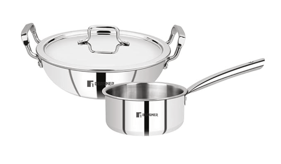 Bergner Tripro TriPly Stainless Steel 3 Pcs Cookware Set - Set of 24 cm (3 L) Indian Wok/Kadai with Lid, 16 cm (1.7 L) Teapan, Induction Bottom and Gas Stove Ready (5-Year Warranty by Bergner)