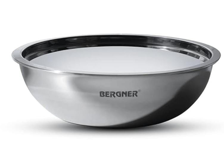BERGNER Argent TriPly Stainless Steel 24 cm Tasra with Stainless Steel Lid, 2.5 LTR Tasla with Lid, Food Safe, Flared Rim, Durable, Dishwasher Safe, Induction Ready, 5-Year Warranty